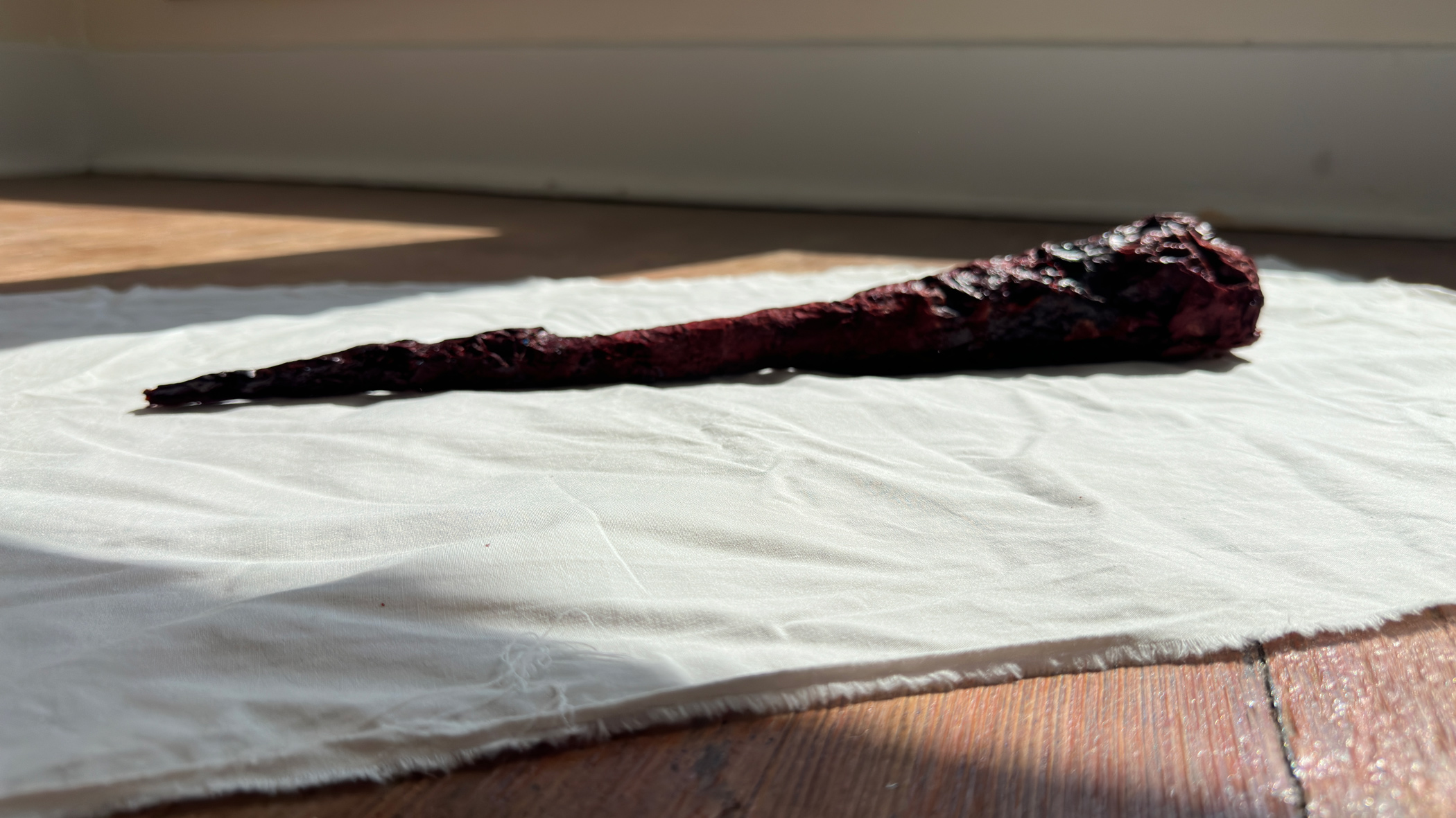 One year of menstrual blood harvested by Ashlee Zlatna and shaped into an icicle.